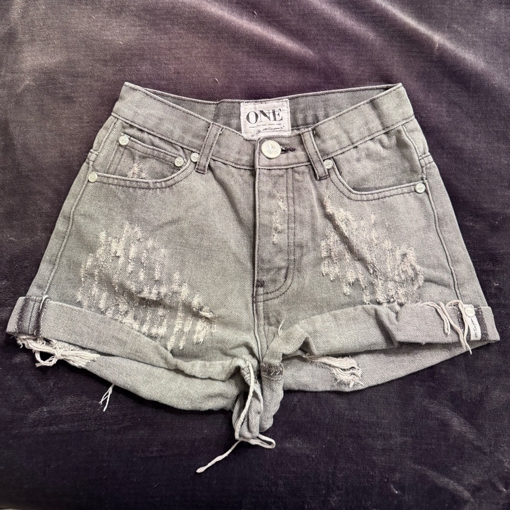One Teaspoon Hawks Grey Distressed Denim Shorts